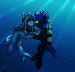 Size: 3159x3039 | Tagged: safe, artist:ashel_aras, derpibooru import, oc, oc only, oc:ashel, changeling, merpony, aqualung, bubble, changeling oc, crepuscular rays, cyrillic, digital art, diving suit, duo, eyes closed, fish tail, flowing mane, flowing tail, happy, heart, high res, looking at each other, looking at someone, love, ocean, romance, russian, signature, smiling, smiling at each other, submarine, sunlight, swimming, tail, underwater, water