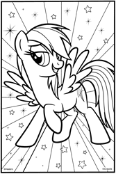 Size: 2074x3096 | Tagged: safe, derpibooru import, rainbow dash, pegasus, pony, g4, abstract background, coloring book, coloring page, crayola, female, grin, lidded eyes, mare, official, raised hoof, raised leg, smiling, solo, spread wings, stars, wings