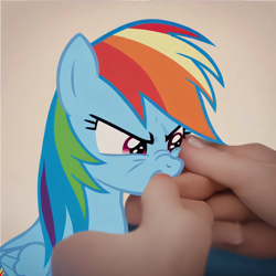 Size: 4096x4096 | Tagged: safe, ai content, derpibooru import, generator:dall-e 3, machine learning generated, rainbow dash, human, pegasus, pony, biting, hand, irl, photo, ponies in real life, prompter needed, show accurate, tiny, tiny ponies