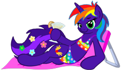 Size: 1128x653 | Tagged: safe, artist:star-armour95, derpibooru import, oc, oc:rainbow power, pony, unicorn, g4, beach chair, bikini, chair, clothes, female, horn, simple background, solo, swimsuit, transparent background, vector