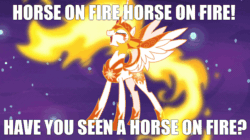 Size: 922x518 | Tagged: artist needed, source needed, safe, derpibooru import, edit, edited screencap, screencap, daybreaker, g4, animated, caption, concave belly, image macro, impact font, laughing, mane of fire, slender, spread wings, tail, tail of fire, tall, text, thin, wings