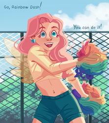 Size: 1815x2048 | Tagged: safe, artist:irisikiki, derpibooru import, part of a set, fluttershy, human, g4, belly button, cheering, cheerleader, clothes, colored pupils, cute, dialogue, ear piercing, earring, female, humanized, implied flutterdash, implied lesbian, implied rainbow dash, implied shipping, jewelry, light skin, midriff, open mouth, open smile, piercing, pom pom, shorts, shyabetes, smiling, solo, winged humanization, wings