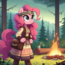 Size: 1024x1024 | Tagged: source needed, safe, ai content, derpibooru import, machine learning generated, pinkie pie, anthro, earth pony, g4, campfire, candle, cyrillic, forest, nature, prompter:boddy meaisín, russian, slavic, solo, tree