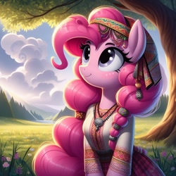 Size: 1024x1024 | Tagged: source needed, safe, ai content, derpibooru import, machine learning generated, pinkie pie, g4, cyrillic, prompter needed, russian, scenery, slavic, solo, tree