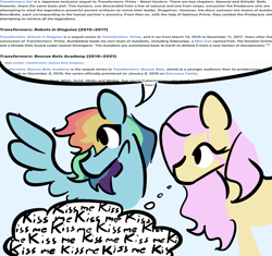 Size: 872x819 | Tagged: safe, artist:captainzigo, derpibooru import, fluttershy, rainbow dash, pegasus, pony, g4, blue background, dialogue, female, flutterdash, head turn, lesbian, mare, shipping, simple background, speech bubble, text, thought bubble, transformers, transformers prime, transformers rescue bots, transformers robots in disguise (2015), wiki