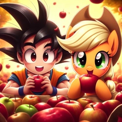 Size: 1024x1024 | Tagged: safe, ai content, derpibooru import, generator:bing image creator, generator:dall-e 3, machine learning generated, applejack, earth pony, pony, g4, apple, crossover, cute, dragon ball, duo, female, food, jackabetes, male, open mouth, open smile, prompter:pika-robo, smiling, son goku, tribute