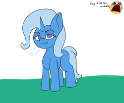 Size: 3000x2500 | Tagged: safe, artist:bazza, derpibooru exclusive, derpibooru import, trixie, pony, unicorn, g4, eyeshadow, horn, lidded eyes, looking at you, low quality, makeup, paint tool sai, simple background, smiling, smug, smug smile, speech, talking