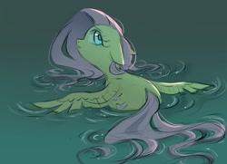 Size: 1379x1000 | Tagged: safe, artist:melodylibris, derpibooru import, fluttershy, pegasus, pony, g4, cute, ears, feather, female, floppy ears, flowing mane, flowing tail, lake, looking back, looking up, mare, partially submerged, profile, shyabetes, solo, spread wings, swimming, tail, water, wet, wet mane, wings