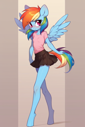 Size: 800x1200 | Tagged: safe, ai content, derpibooru import, machine learning generated, rainbow dash, anthro, pegasus, unguligrade anthro, g4, blushing, clothes, female, filly, filly rainbow dash, foal, looking at you, miniskirt, pleated skirt, prompt in description, prompter:foxlover7796, shirt, skirt, solo, t-shirt, younger