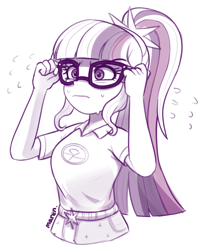 Size: 1769x2209 | Tagged: safe, artist:maren, derpibooru import, sci-twi, twilight sparkle, human, equestria girls, g4, legend of everfree, doodle, emanata, glasses, serious, simple background, sweat, sweatdrops, white background