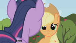 Size: 1920x1080 | Tagged: safe, derpibooru import, edit, edited screencap, screencap, applejack, twilight sparkle, unicorn twilight, unicorn, applebuck season, g4, apple, apple tree, caption, meme, tree, youtube caption