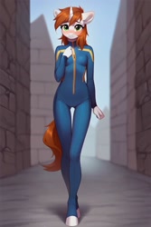 Size: 800x1200 | Tagged: safe, ai content, derpibooru import, machine learning generated, oc, oc only, oc:littlepip, anthro, unguligrade anthro, unicorn, fallout equestria, anonymous prompter, blushing, clothes, horn, jumpsuit, looking at you, smiling, smiling at you, solo, vault suit