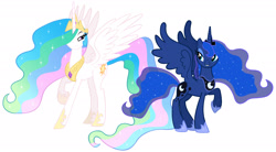 Size: 2751x1520 | Tagged: safe, artist:santafer, derpibooru import, edit, princess celestia, princess luna, alicorn, pony, g4, collage, duo, duo female, ethereal mane, ethereal tail, female, jewelry, lidded eyes, mare, raised hoof, raised leg, regalia, royal sisters, siblings, simple background, sisters, spread wings, tail, white background, wings