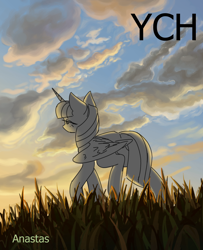 Size: 3000x3700 | Tagged: safe, artist:anastas, derpibooru import, alicorn, pegasus, pony, unicorn, cloud, cloudy, commission, detailed background, female, folded wings, from below, grass, grass field, horn, raised hoof, raised leg, sketch, solo, sunset, walking, wings, your character here