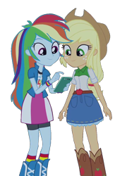 Size: 658x1008 | Tagged: safe, artist:abtoons, derpibooru import, edit, edited screencap, screencap, applejack, rainbow dash, equestria girls, g4, perfect day for fun, rainbow rocks, background removed, boots, cellphone, clothes, cropped, duo, iphone, phone, rainbow socks, shoes, simple background, smartphone, socks, striped socks, transparent background