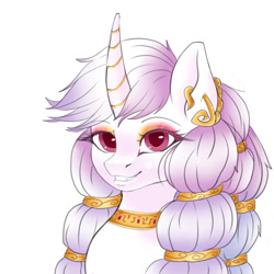 Size: 1280x1280 | Tagged: safe, artist:sheru, derpibooru import, oc, oc only, pony, unicorn, female, gold, horn, looking at you, mare, simple background, sketch, smiling, solo, trade, white background
