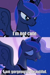 Size: 500x750 | Tagged: safe, derpibooru import, edit, edited screencap, screencap, princess luna, g4, luna eclipsed, to where and back again, beautiful, caption, correction, i'm not cute, image macro, imgflip, subversion, subverted meme, text, truth