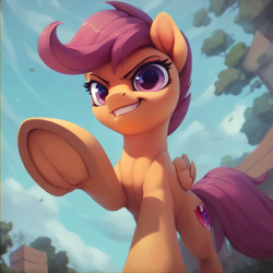 Size: 1024x1024 | Tagged: source needed, safe, ai content, derpibooru import, machine learning generated, scootaloo, pegasus, pony, g4, detailed, fetish, frog (hoof), imminent crushing, looking at you, looking down, looking down at you, low angle, offscreen character, ponyville, pov, prompter:poniesanonymous, raised hoof, raised leg, smiling, underhoof