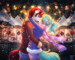 Size: 2500x2000 | Tagged: safe, artist:stormlioness, derpibooru import, oc, oc only, anthro, unicorn, breasts, christmas, clothes, ear fluff, ear piercing, earring, ears, eyes closed, female, holiday, horn, hug, jewelry, kissing, oc name needed, oc x oc, piercing, scarf, shipping, snow, snowfall, striped scarf, unicorn oc