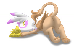 Size: 1280x823 | Tagged: safe, artist:pzkratzer, derpibooru import, gilda, griffon, g4, butt, featureless crotch, lying down, paws, plot, simple background, solo, white background