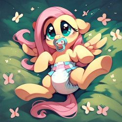 Size: 1024x1024 | Tagged: safe, ai content, derpibooru import, generator:purplesmart.ai, generator:stable diffusion, machine learning generated, fluttershy, butterfly, pegasus, g4, cute, diaper, diaper fetish, fetish, grass, lying down, non-baby in diaper, pacifier, prompter:blue light, solo