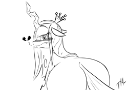 Size: 3508x2480 | Tagged: safe, artist:fakskis, derpibooru import, queen chrysalis, changeling, pony, g4, :p, blushing, bugbutt, butt, crown, female, heart, horn, jewelry, looking at you, monochrome, plot, regalia, reupload, simple background, sketch, solo, tongue, tongue out, white background