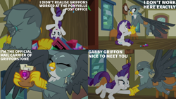 Size: 2000x1125 | Tagged: safe, derpibooru import, edit, edited screencap, editor:quoterific, screencap, gabby, rarity, dragon dropped, g4, bag, mail, post office, saddle bag