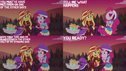 Size: 2000x1125 | Tagged: safe, derpibooru import, edit, edited screencap, editor:quoterific, screencap, pinkie pie, sunset shimmer, better together, equestria girls, g4, sunset's backstage pass!, bicycle, bike helmet, churros, food, helmet