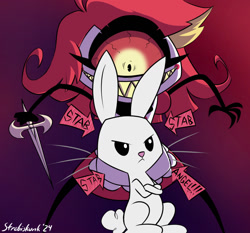 Size: 1292x1203 | Tagged: safe, artist:strebiskunk, derpibooru import, angel bunny, cyclops, demon, rabbit, undead, g4, spoiler:hazbin hotel, angelic weapon, animal, arrow, crossed arms, crossover, cyclops demon, dagger, duo, duo male and female, female, furrowed brow, gradient background, hazbin hotel, hellaverse, knife, male, name pun, niffty, one eyed, sharp teeth, signature, sinner demon, spoilers for another series, teeth, text, the show must go on (hazbin hotel), this will end in death, weapon