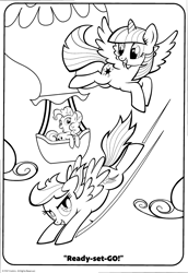 Size: 2093x3035 | Tagged: safe, derpibooru import, pinkie pie, rainbow dash, twilight sparkle, twilight sparkle (alicorn), alicorn, earth pony, pegasus, pony, g4, black and white, cloud, coloring book, coloring page, female, flying, grayscale, grin, hot air balloon, mare, monochrome, motion lines, official, racing, sky, smiling, speed lines, spread wings, stock vector, trio, trio female, wings