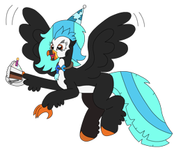 Size: 2706x2323 | Tagged: safe, artist:supahdonarudo, derpibooru import, oc, oc only, oc:icebeak, classical hippogriff, hippogriff, birthday, birthday cake, cake, candle, flying, food, fork, hat, holding, jewelry, necklace, party hat, plate, simple background, transparent background