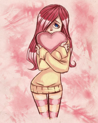 Size: 720x902 | Tagged: safe, artist:danger-chu, derpibooru import, fluttershy, human, g4, abstract background, clothes, hair over one eye, heart, humanized, socks, striped socks, sweater