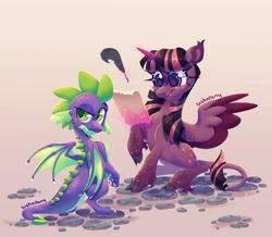 Size: 2601x2268 | Tagged: safe, artist:bishopony, derpibooru import, spike, twilight sparkle, twilight sparkle (alicorn), alicorn, classical unicorn, dragon, pony, unicorn, g4, blush scribble, blushing, cloven hooves, duo, duo male and female, female, freckles, gradient background, high res, horn, leonine tail, levitation, looking back, magic, male, mare, parchment, quill, sitting, spread wings, telekinesis, unshorn fetlocks, winged spike, wings