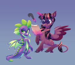Size: 2601x2268 | Tagged: safe, alternate version, artist:bishopony, derpibooru import, spike, twilight sparkle, twilight sparkle (alicorn), alicorn, classical unicorn, dragon, pony, unicorn, g4, blush scribble, blushing, cloven hooves, duo, duo male and female, female, freckles, gradient background, high res, horn, leonine tail, levitation, looking back, magic, male, mare, parchment, quill, sitting, spread wings, tail, telekinesis, unshorn fetlocks, winged spike, wings