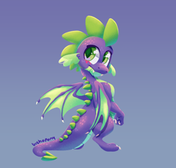 Size: 1798x1711 | Tagged: safe, artist:bishopony, derpibooru import, spike, dragon, g4, blush scribble, blushing, gradient background, looking back, male, solo, spread wings, winged spike, wings