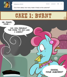 Size: 700x800 | Tagged: safe, artist:egophiliac, derpibooru import, cup cake, earth pony, pony, g4, ask, baking, burned, dialogue, female, implied pinkie pie, mare, offscreen character, slice of pony life, smoke, solo, speech bubble, tumblr