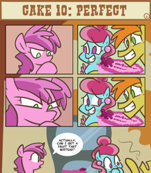 Size: 700x800 | Tagged: safe, artist:egophiliac, derpibooru import, carrot cake, cup cake, ruby pinch, earth pony, pony, unicorn, g4, cake, comic, dialogue, female, food, horn, male, mare, older, older ruby pinch, slice of pony life, speech bubble, stallion, the cakes