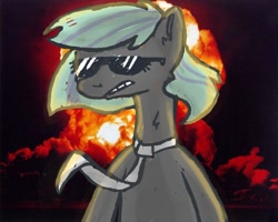 Size: 622x498 | Tagged: safe, artist:ferafel, derpibooru import, pony, semi-anthro, 2014, explosion, female, mare, solo, sunglasses