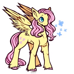 Size: 2000x2000 | Tagged: safe, artist:finnspaace, derpibooru import, fluttershy, butterfly, pegasus, pony, g4, big ears, blue eyes, chest fluff, cloven hooves, colored hooves, concave belly, ear fluff, ears, eyelashes, female, leg fluff, long mane, long tail, mare, pink mane, pink tail, signature, simple background, slender, solo, spread wings, standing, tail, thin, unshorn fetlocks, wavy mane, wavy tail, white background, wing fluff, wingding eyes, wings