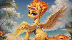 Size: 2592x1464 | Tagged: safe, ai content, derpibooru import, generator:stable diffusion, machine learning generated, spitfire, pegasus, pony, g4, beach, clothes, cloud, ear fluff, ears, female, flower, lidded eyes, mare, ocean, outdoors, palm tree, prompter needed, sitting, sky, smiling, solo, spread wings, sunglasses, sunglasses on head, tree, water, wings