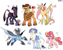 Size: 2048x1627 | Tagged: safe, artist:finnspaace, derpibooru import, applejack, fluttershy, pinkie pie, rainbow dash, rarity, spike, twilight sparkle, unicorn twilight, dragon, earth pony, pegasus, pony, unicorn, g4, alternate color palette, alternate cutie mark, alternate design, alternate eye color, alternate mane color, alternate tailstyle, applejack's hat, applejacked, baby, baby spike, bag, beard, beauty mark, blaze (coat marking), blonde, blonde mane, blonde tail, blue coat, blushing, body freckles, bow, braid, braided pigtails, cape, chest fluff, clothes, cloven hooves, coat markings, colored belly, colored eartips, colored eyebrows, colored horn, colored muzzle, colored pinnae, colored wings, colored wingtips, concave belly, cowboy hat, curly hair, curly mane, curly tail, curved horn, dappled, ear fluff, ear piercing, ear tufts, earring, ears, eye clipping through hair, eyebrows, eyebrows visible through hair, eyes closed, facial hair, facial markings, female, flying, freckles, glasses, goggles, goggles on head, gradient horn, gradient legs, gradient wings, green eyes, group, hair bun, hairpin, hat, hat over eyes, height difference, holding, horn, horseshoes, jewelry, leg freckles, leonine tail, lidded eyes, long legs, long mane, long tail, male, mane six, mare, mealy mouth (coat marking), mouth hold, multicolored eyes, multicolored hair, multicolored mane, multicolored tail, multicolored wings, muscles, no mouth, one eye closed, open mouth, open smile, orange coat, pale belly, piercing, pigtails, pincushion, pink coat, pink eyes, pink mane, pink tail, profile, purple coat, purple mane, purple tail, quill pen, rainbow hair, rainbow tail, raised hoof, raised leg, redesign, saddle bag, scroll, short, short tail, signature, simple background, slender, smiling, socks (coat marking), sparkly mane, sparkly tail, spread wings, star (coat marking), straw in mouth, tail, tail bow, tallershy, thin, tied hair, tied tail, torn ear, two toned mane, two toned tail, uniform, unshorn fetlocks, wall of tags, wavy mane, wavy tail, white background, white coat, wing fluff, wing freckles, wingding eyes, winged spike, wings, wonderbolts uniform, yellow coat, younger