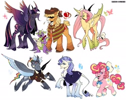 Size: 2048x1627 | Tagged: safe, artist:finnspaace, derpibooru import, applejack, fluttershy, pinkie pie, rainbow dash, rarity, spike, twilight sparkle, twilight sparkle (alicorn), alicorn, bat pony, dragon, earth pony, hybrid, pegasus, pony, unicorn, g4, alternate color palette, alternate cutie mark, alternate design, alternate eye color, alternate mane color, alternate tailstyle, applejack's hat, applejacked, bat ponified, beard, beauty mark, blaze (coat marking), blonde, blonde mane, blonde tail, blue coat, blushing, body freckles, bomber jacket, bow, braid, braided pigtails, cape, chef's hat, chest fluff, clothes, cloven hooves, coat markings, colored belly, colored eartips, colored eyebrows, colored horn, colored muzzle, colored pinnae, colored wings, colored wingtips, concave belly, cowboy hat, curly hair, curly mane, curly tail, curved horn, dappled, ear fluff, ear piercing, ear tufts, earring, ears, eye clipping through hair, eyebrows, eyebrows visible through hair, eyes closed, facial hair, facial markings, fangs, female, flutterbat, flying, freckles, glasses, goggles, goggles on head, gradient horn, gradient legs, gradient wings, green eyes, group, hat, hat over eyes, height difference, holding, horn, horseshoes, jacket, jewelry, leg freckles, leonine tail, lidded eyes, long legs, long mane, long tail, male, mane six, mare, mealy mouth (coat marking), mouth hold, multicolored hair, multicolored mane, multicolored tail, multicolored wings, muscles, no mouth, one eye closed, open mouth, open smile, orange coat, pale belly, piercing, pigtails, pink coat, pink eyes, pink mane, pink tail, profile, purple coat, purple mane, purple tail, quill pen, race swap, rainbow hair, rainbow tail, raised hoof, raised leg, redesign, ribbon, scroll, short, short tail, signature, simple background, slender, smiling, socks (coat marking), sparkly mane, sparkly tail, spread wings, straw in mouth, tail, tail bow, tallershy, thin, tied hair, tied tail, torn ear, two toned mane, two toned tail, unshorn fetlocks, wall of tags, wavy mane, wavy tail, white background, white coat, wing fluff, wing freckles, wingding eyes, winged spike, wings, yellow coat