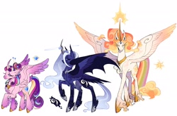 Size: 2048x1349 | Tagged: safe, artist:finnspaace, derpibooru import, princess cadance, princess celestia, princess luna, alicorn, pony, g4, alternate color palette, alternate cutie mark, alternate design, alternate hair color, alternate hairstyle, alternate tailstyle, bat wings, big ears, blue coat, blue eyes, blue mane, blue tail, chest fluff, coat markings, colored eartips, colored eyebrows, colored eyelashes, colored fetlocks, colored muzzle, colored pinnae, colored wings, colored wingtips, concave belly, curved horn, dock, dock fluff, ear fluff, ear tufts, ears, ethereal mane, ethereal tail, eyes closed, female, four wings, gradient ears, gradient horn, gradient wings, hairpin, heart, heart eyes, height difference, hoof shoes, horn, horn cap, horn jewelry, horn ring, jewelry, leg fluff, lidded eyes, long legs, long mane, long tail, magic, mare, multicolored mane, multicolored tail, multiple wings, peytral, pink coat, princess shoes, purple mane, purple tail, rainbow tail, raised hoof, raised leg, redesign, ring, royal sisters, short, siblings, signature, simple background, sisters, slender, smiling, spread wings, standing, starry coat, starry legs, starry mane, starry tail, starry wings, tail, tall, thick eyelashes, thin, tied hair, trio, trio female, unshorn fetlocks, wall of tags, wavy mane, wavy tail, white background, white coat, wing fluff, wingding eyes, wings