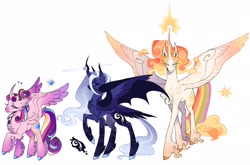 Size: 2048x1349 | Tagged: safe, artist:finnspaace, derpibooru import, princess cadance, princess celestia, princess luna, alicorn, pony, g4, alternate color palette, alternate cutie mark, alternate design, alternate hair color, alternate hairstyle, alternate tailstyle, bat wings, big ears, blue coat, blue eyes, blue mane, blue tail, chest fluff, cloven hooves, coat markings, colored eartips, colored eyebrows, colored eyelashes, colored fetlocks, colored hooves, colored muzzle, colored pinnae, colored wings, colored wingtips, concave belly, curved horn, dock, dock fluff, ear fluff, ear tufts, ears, ethereal mane, ethereal tail, eyes closed, female, four wings, gradient ears, gradient horn, gradient wings, hairpin, heart, heart eyes, height difference, horn, leg fluff, lidded eyes, long legs, long mane, long tail, magic, mare, multicolored mane, multicolored tail, multiple wings, pink coat, purple mane, purple tail, rainbow tail, raised hoof, raised leg, redesign, royal sisters, shiny hoof, short, siblings, signature, simple background, sisters, slender, smiling, spread wings, standing, starry coat, starry legs, starry mane, starry tail, starry wings, tail, tall, thick eyelashes, thin, tied hair, trio, trio female, unshorn fetlocks, wall of tags, wavy mane, wavy tail, white background, white coat, wing fluff, wingding eyes, wings