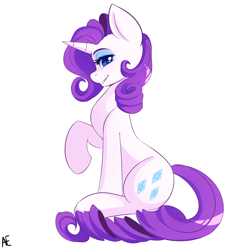 Size: 1600x1600 | Tagged: safe, artist:spittfireart, derpibooru import, part of a set, rarity, pony, unicorn, g4, colored pupils, cute, eyebrows, eyeshadow, female, horn, lidded eyes, looking at you, makeup, mare, profile, raised hoof, raised leg, raribetes, signature, simple background, sitting, smiling, smiling at you, solo, white background