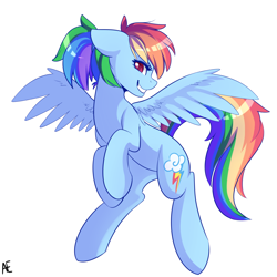 Size: 1600x1600 | Tagged: safe, artist:spittfireart, derpibooru import, part of a set, rainbow dash, pegasus, pony, g4, alternate hairstyle, colored pupils, cute, dashabetes, ears, female, floppy ears, grin, lidded eyes, looking at you, mare, ponytail, profile, signature, simple background, smiling, smiling at you, solo, spread wings, white background, wings