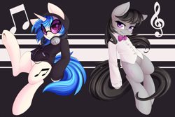 Size: 2000x1333 | Tagged: safe, artist:spittfireart, derpibooru import, dj pon-3, octavia melody, vinyl scratch, earth pony, pony, unicorn, g4, blushing, bowtie, clothes, cute, duo, duo female, female, headphones, hoodie, horn, looking at you, mare, music notes, shirt, smiling, smiling at you, tavibetes, underhoof, vinyl's glasses, vinylbetes