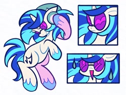 Size: 2048x1536 | Tagged: safe, artist:squidbly, derpibooru import, dj pon-3, vinyl scratch, pony, unicorn, g4, colored hooves, female, glasses, headphones, horn, mare, open mouth, open smile, round belly, simple background, smiling, solo, sweat, sweatdrop, unshorn fetlocks, vinyl's glasses, white background