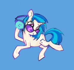 Size: 1036x992 | Tagged: safe, artist:aburzt, derpibooru import, dj pon-3, vinyl scratch, pony, unicorn, g4, blue background, female, glasses, headphones, horn, mare, simple background, smiling, solo, vinyl's glasses