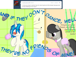 Size: 1000x754 | Tagged: safe, artist:erthilo, derpibooru import, dj pon-3, octavia melody, vinyl scratch, earth pony, unicorn, g4, ask, ask octavia, bathroom, horn, lyrics, men without hats, shower, song reference, text, the safety dance, tumblr